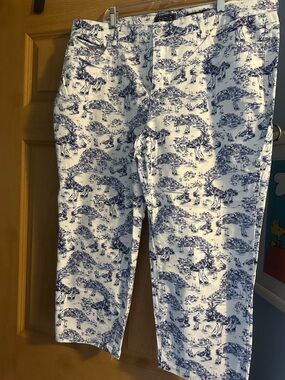 Charter Club White Capri Pants with Blue Scenic Print